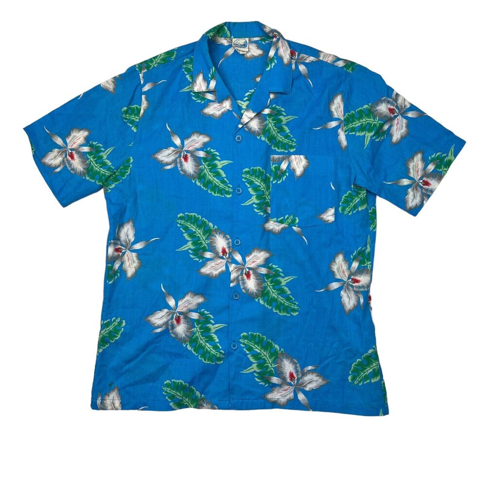 Vintage 80s Hawaiian Floral Button Up Casual Shirt Aqua Blue Mens M Medium